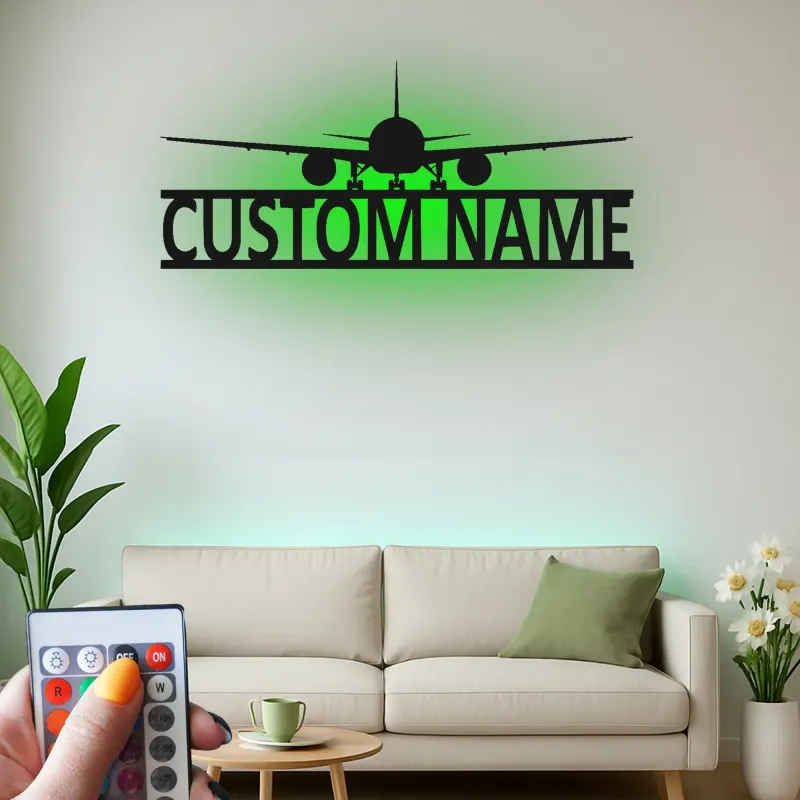 Décoration murale en métal personnalisée avec lumière LED d'avion - Cadeau d'aviation pour pilotes, décoration de hangar ou de bureau