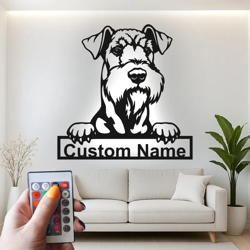 Décoration Murale en Métal LED Schnauzer Personnalisée | Panneau de Portrait d'Animal | Cadeau Moderne pour Amoureux des Chiens