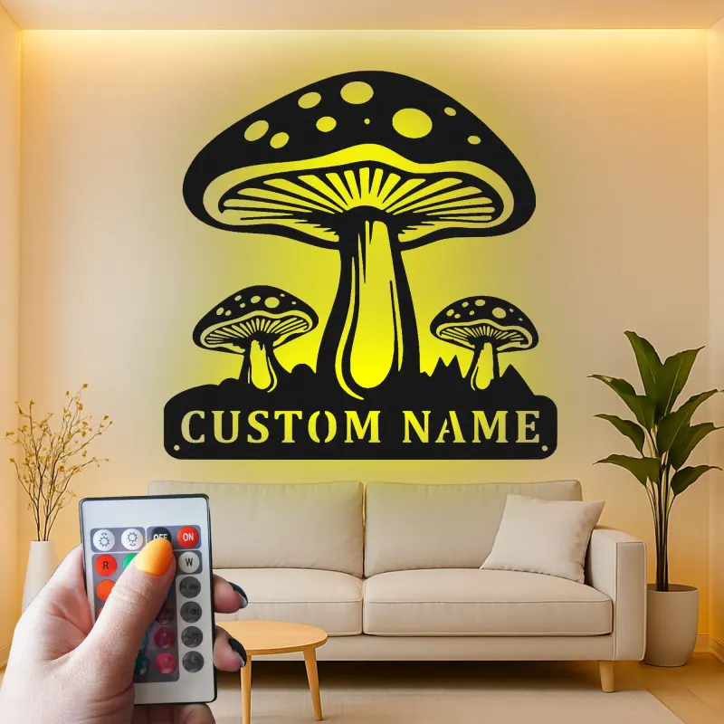 Psychedelisches Pilz-Trio LED-Schild | Personalisiertes Metallschild | Vintage Pilz-Dekor für das Schlafzimmer | Geschenk für Naturfreunde