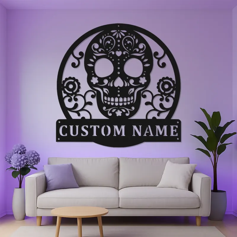 Custom Sugar Skull Metal Sign | Personalized LED Wall Art | Day of the Dead Decor | Gothic Home & Studio Accent Gift