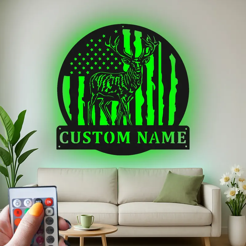Décoration murale en métal personnalisée avec cerf et drapeau américain, éclairage LED, cadeau personnalisé pour chasseurs, décoration de cabane rustique 4