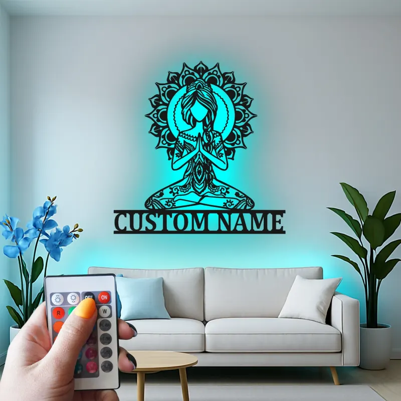 Cartel de metal personalizado con luz LED de meditación de yoga, regalo personalizado para amantes del yoga, decoración zen para sala de meditación