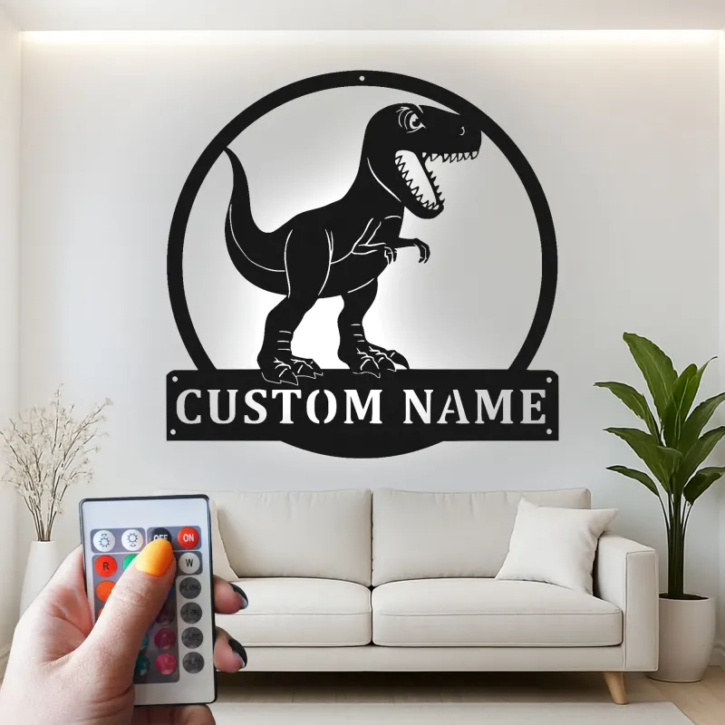 Cartel de metal personalizado de luz LED de dinosaurio T-Rex regalo personalizado para la habitación o sala de juegos de los niños 1