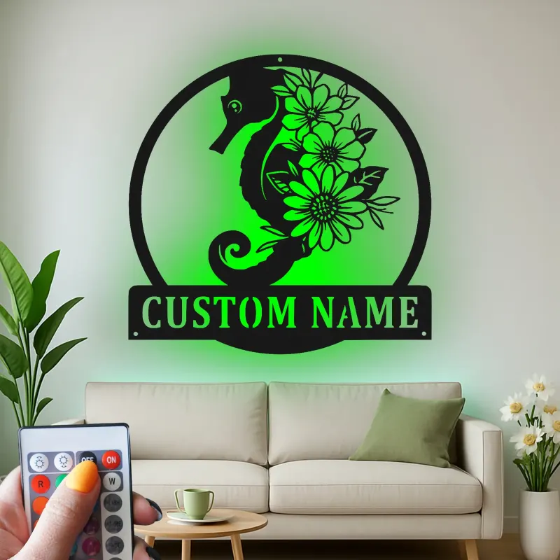 Insegna Personalizzata con Cavalluccio Marino | Insegna in Metallo LED | Decorazione Costiera per Casa al Mare | Regalo per Amante del Mare