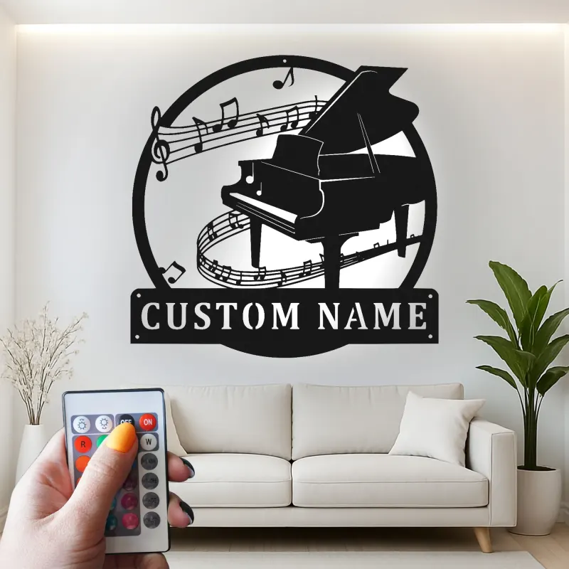 Cartel LED de piano personalizado | Arte mural de metal para músicos | Decoración de nombre personalizada para estudio | Luz de silueta de piano de cola