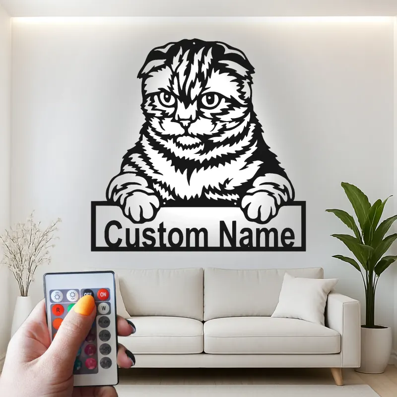 Personalisierte Scottish Fold Katze LED-beleuchtete Metall-Wandkunst Geschenk für Katzenliebhaber