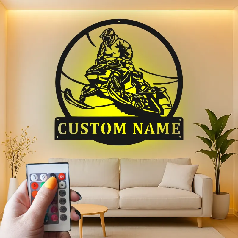 Insegna in metallo per pilota di motoslitta personalizzata | Arte murale LED | Regalo per sport invernali per garage e man cave