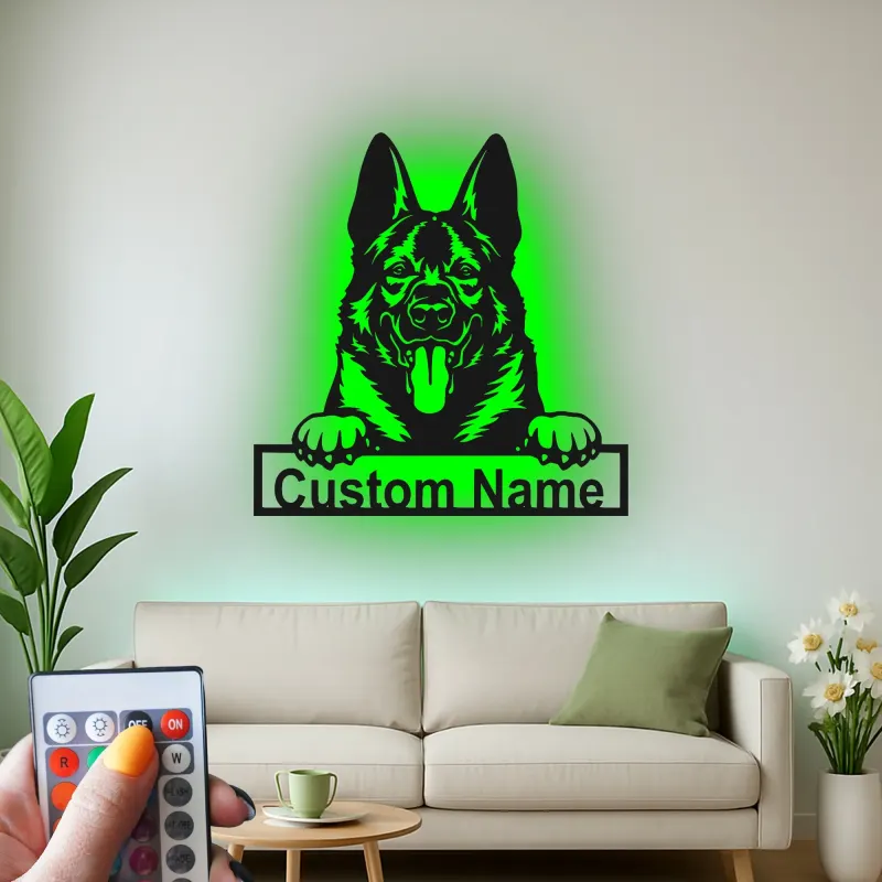 Insegna LED personalizzata con Pastore Tedesco | Arte da parete con nome del cane | Decorazione in metallo retroilluminata per ingresso | Regalo per amanti dei cani