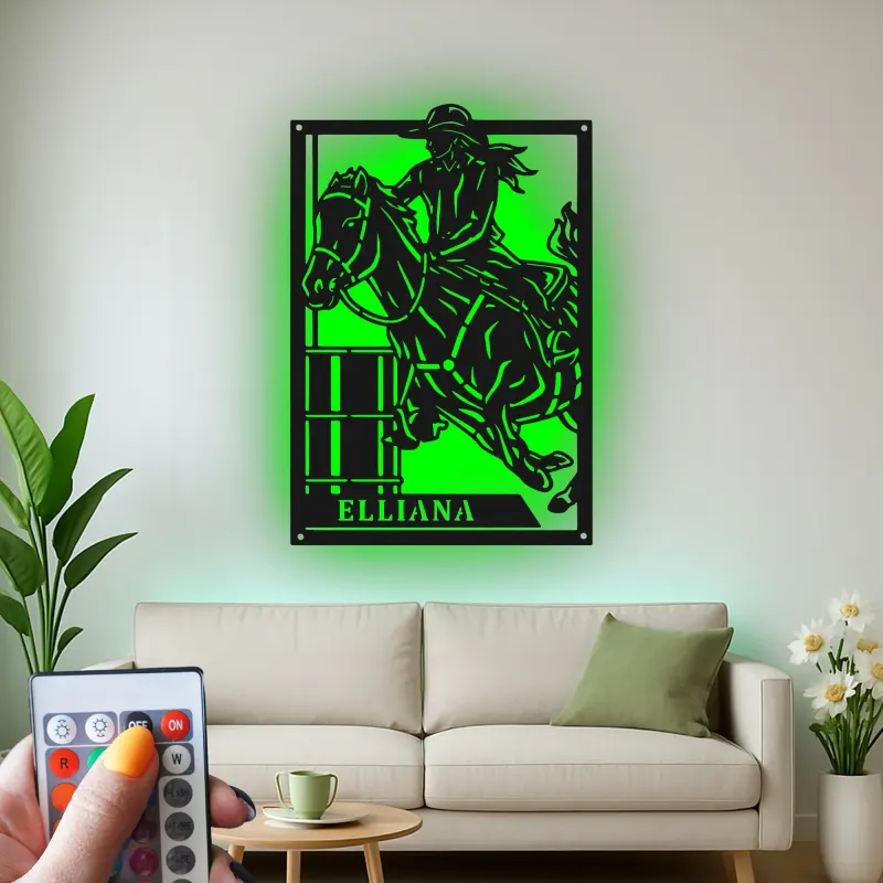 Cartel de metal LED personalizado de jinete de barriles, regalo ecuestre para amantes de los caballos, decoración western para el hogar