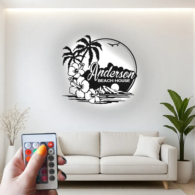Insegna in metallo personalizzata con luce LED per casa al mare - Regalo personalizzato per ritiri costieri e decorazione tropicale