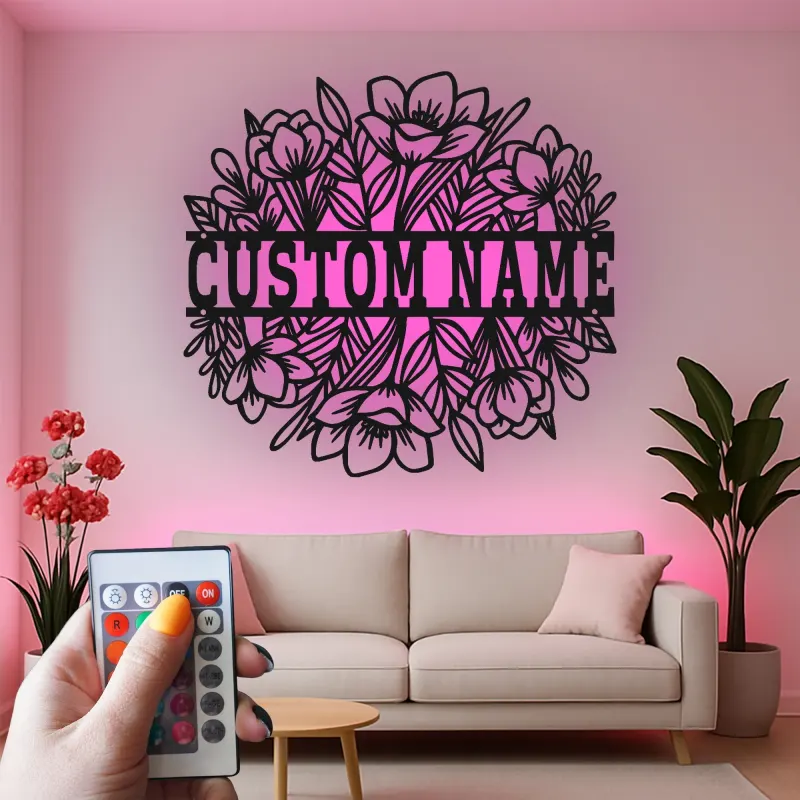 Cartel de nombre floral personalizado con LED | Arte mural de metal personalizado para ella | Decoración moderna boho para guardería y sala de estar