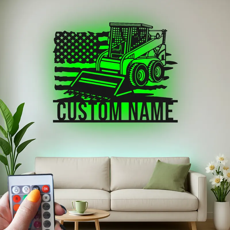 Skid Steer Loader Metalltafel | Personalisierte LED-Wandkunst | Individuelle Dekoration für Baumaschinen | Garage & Werkstatt-Schild mit USA-Flagge