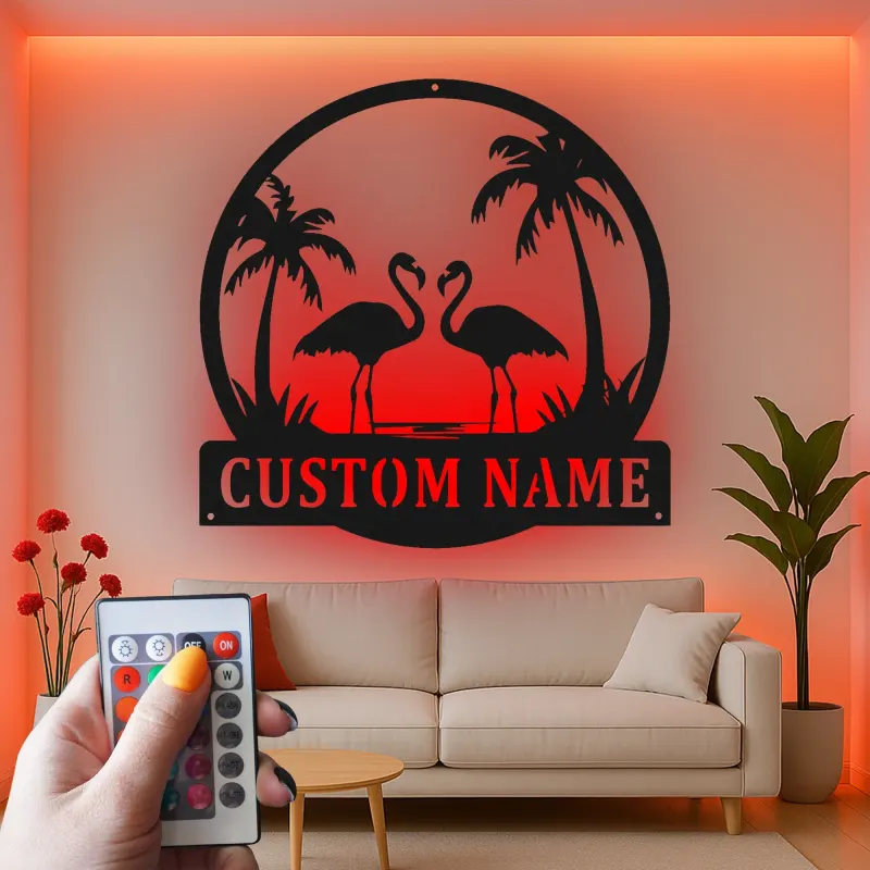 Arte mural de metal LED de flamenco | Cartel tropical personalizado | Decoración de casa de playa | Placa de nombre personalizada para hogares costeros