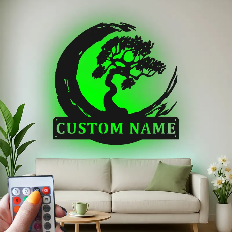 Décoration murale en métal personnalisée Arbre Bonsai avec rétroéclairage LED Cadeau Zen pour la maison Décor de salon tranquille 1