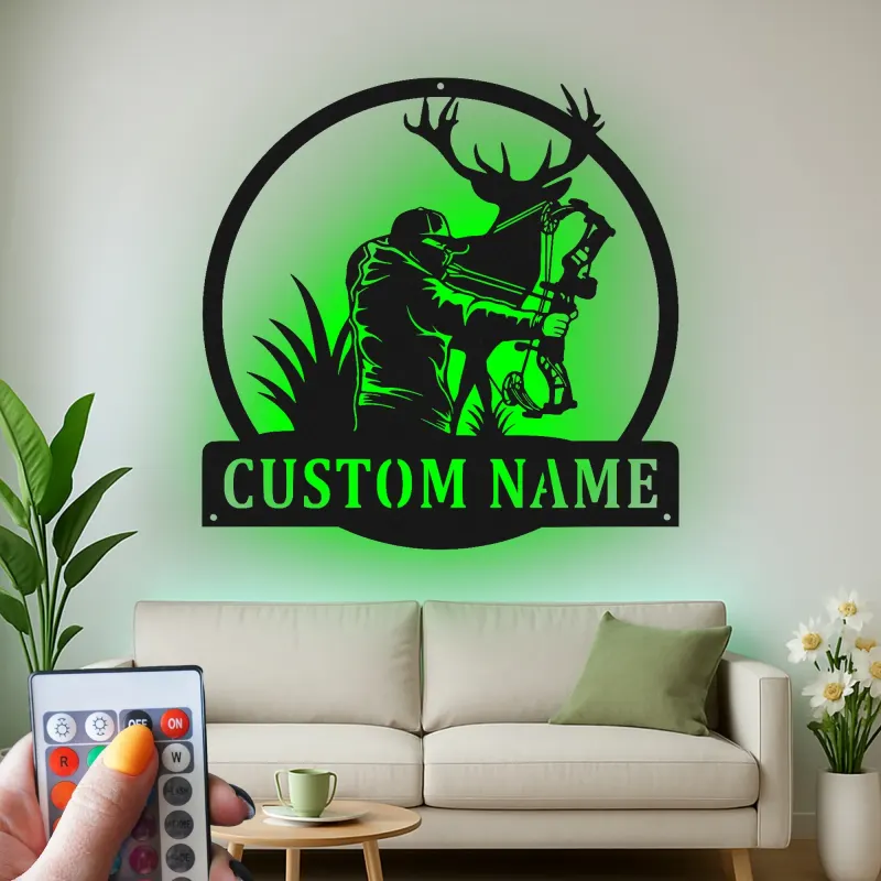 Insegna in metallo personalizzata con luce LED per cacciatori di arco e cervi, regalo personalizzato per cacciatori, decorazione per man cave o cabin