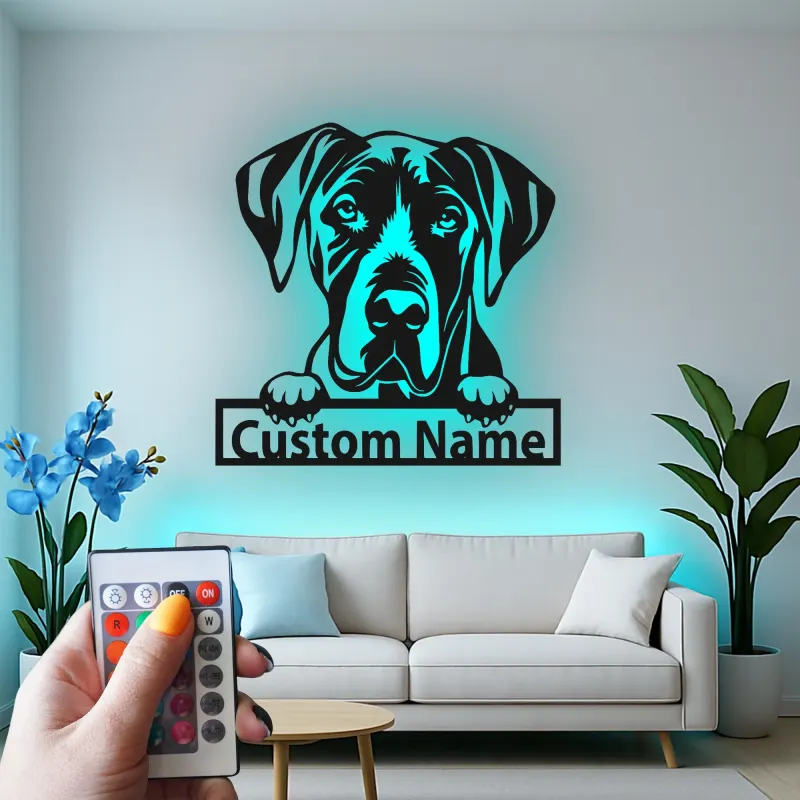 Insegna in metallo LED personalizzata per amanti dei cani con Alano - Regalo per la sala da pranzo
