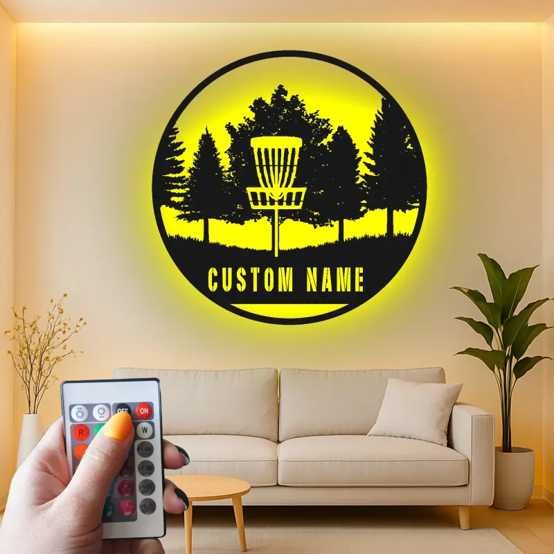 Décoration murale en métal personnalisée avec rétroéclairage LED pour panier de disc golf - Cadeau personnalisé pour passionnés de disc golf