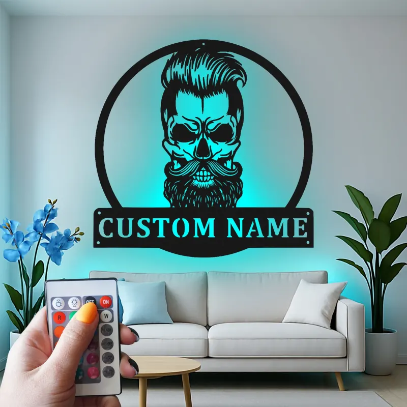 Bearded Skull LED Metal Sign | Personalized Man Cave Wall Art | Custom Name Sign for Barbershop, Garage, or Studio Decor
