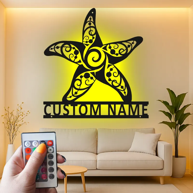 Art mural en métal étoile de mer avec rétroéclairage LED | Panneau de nom personnalisé pour décor côtier | Cadeau de maison de plage nautique sur mesure et signalétique d'entreprise