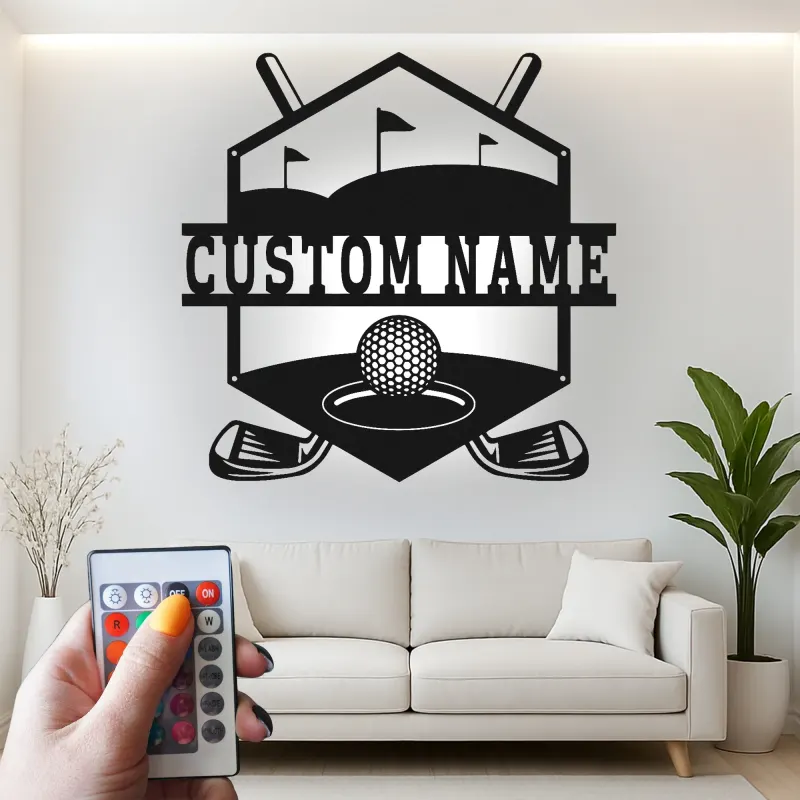 Insegna da golf personalizzata con luce LED | Arte con nome in metallo su misura per parete | Decorazione per home bar e sala giochi | Regalo per golfista