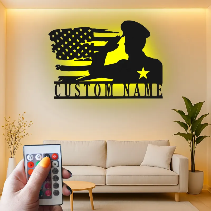Custom Military Name Sign | LED American Flag Wall Art | Personalized Veteran Gift | Patriotic Army Home Decor