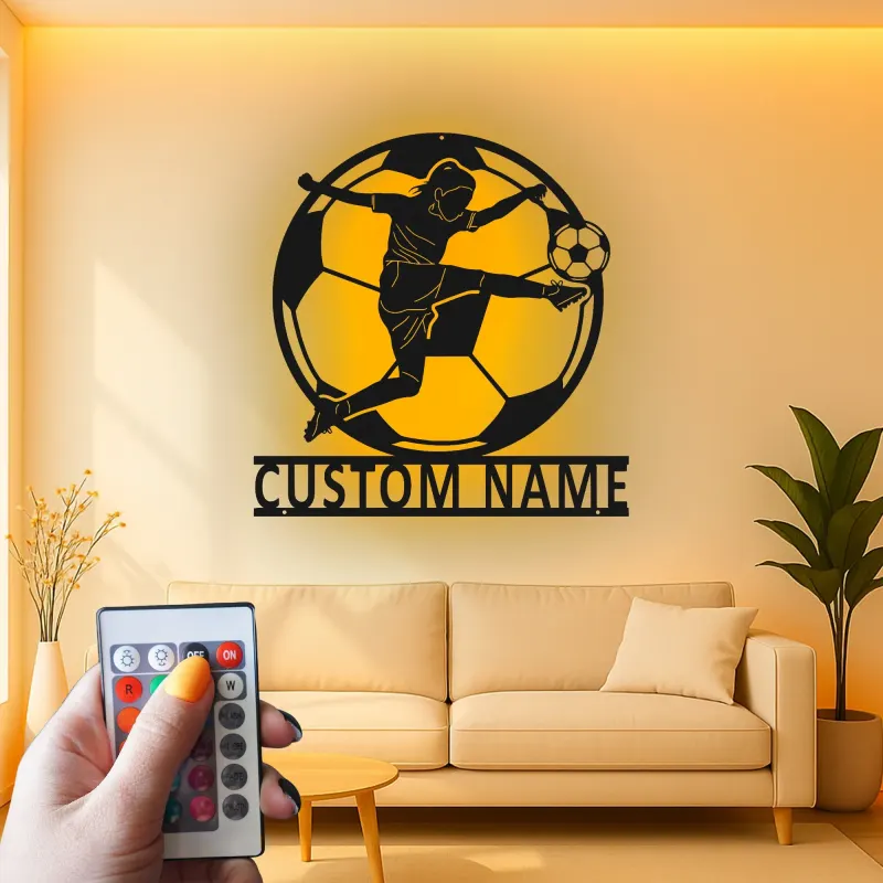Arte mural de metal de jugadora de fútbol femenina | Cartel de luz LED personalizado | Regalo de nombre personalizado para decoración de habitación de atleta | Premio de equipo de fútbol femenino