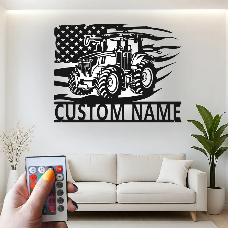 Décoration murale en métal personnalisée avec tracteur et drapeau américain en rétroéclairage - Cadeau pour agriculteur - Décor rustique de ferme
