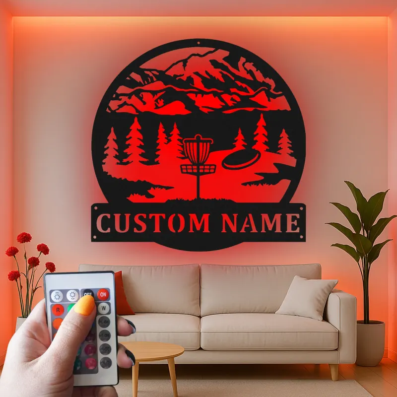 Custom Disc Golf Mountain Scene Led Light Metal Wall Art Personalized Gift for Disc Golfers Outdoor Enthusiast Decor