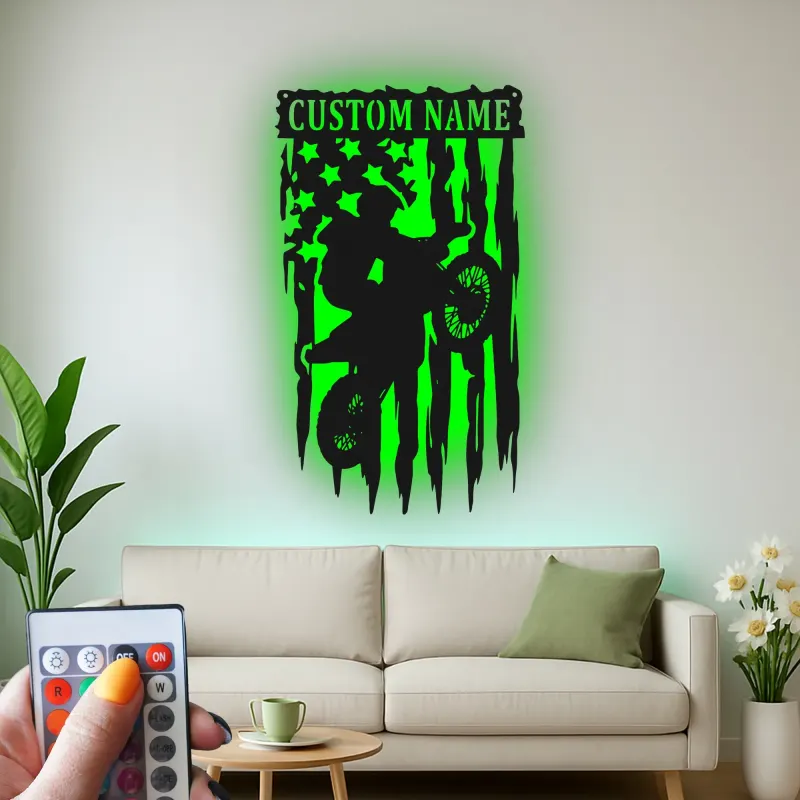 Personalized Motocross Metal Art | LED Dirt Bike American Flag Sign | Custom Name Wall Decor for Teen Boy Bedroom or Garage Gift