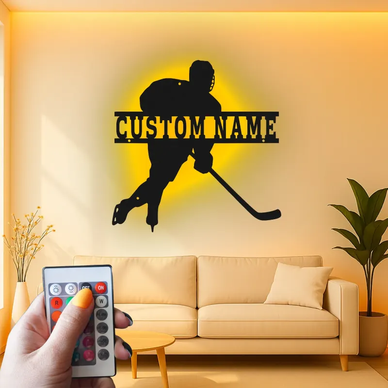 Personalisierte Hockey Spieler LED-Schild | Individuelle Namens Metall-Wandkunst | Spielzimmer Dekor & Geschenk für Athleten