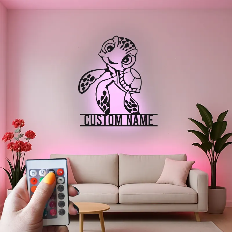 Décoration murale en métal personnalisée de tortue de mer avec rétroéclairage LED - Cadeau pour les amoureux de l'océan, décoration de nursery ou de chambre d'enfants