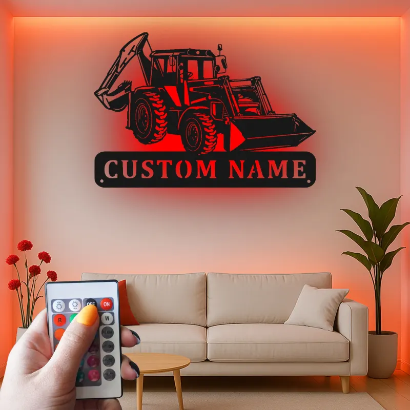 Personalisierte LED-beleuchtete Wandkunst für Baggerlader – Geschenk für Bauenthusiasten, Garage oder Bürodeko