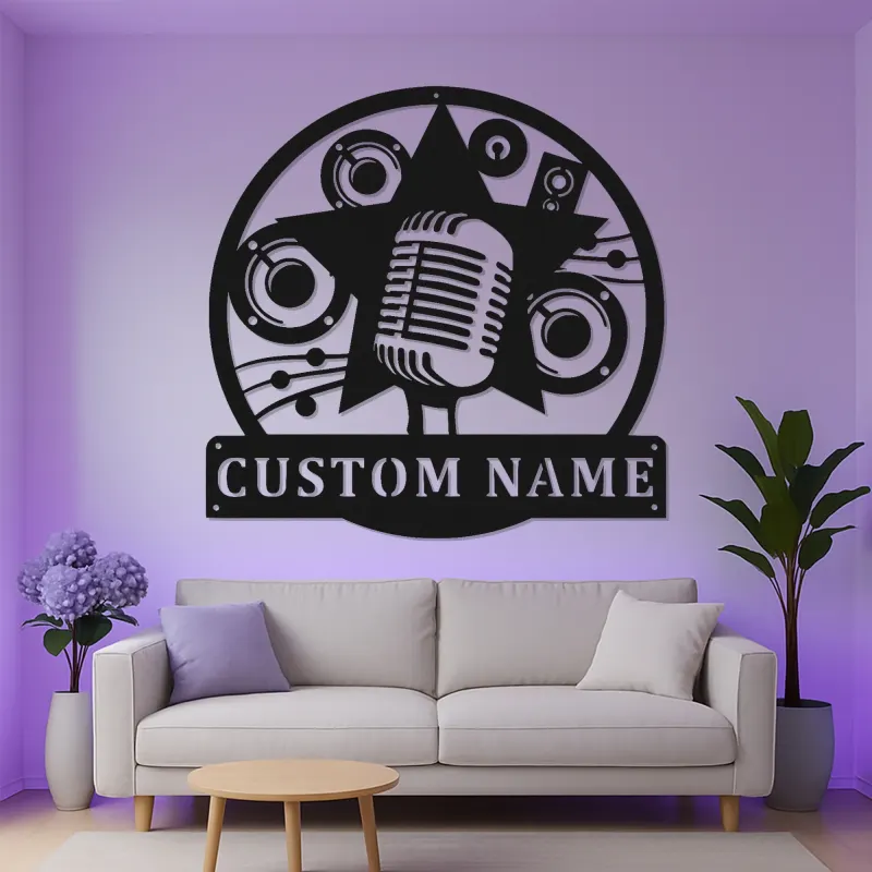Personalisierte LED-Metallschild im Retro-Mikrofon-Design | Wandkunst für Musikstudio | Musiker Namensschild | Geschenk für Sänger