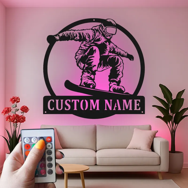 Insegna LED personalizzata per snowboarder | Targhetta in metallo personalizzata | Arte murale retroilluminata per camera adolescente e man cave