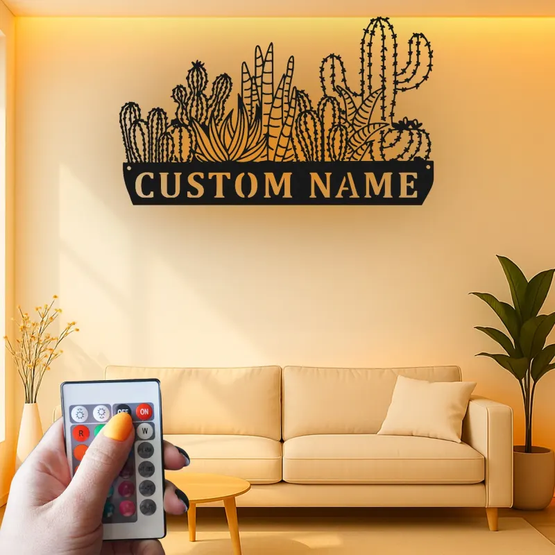 Insegna in metallo personalizzata con cactus succulento e luce LED, regalo per amanti delle piante, decorazione per soggiorno in stile deserto