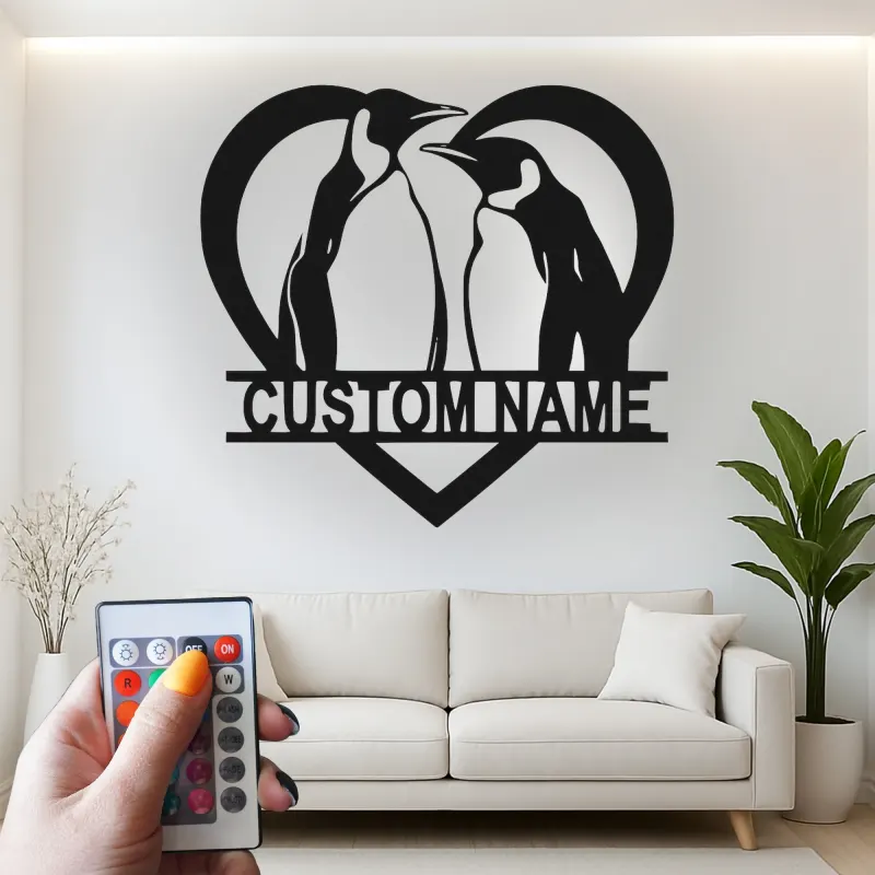 Cartel de metal LED personalizado de pareja de pingüinos regalo para decoración de dormitorio o salón