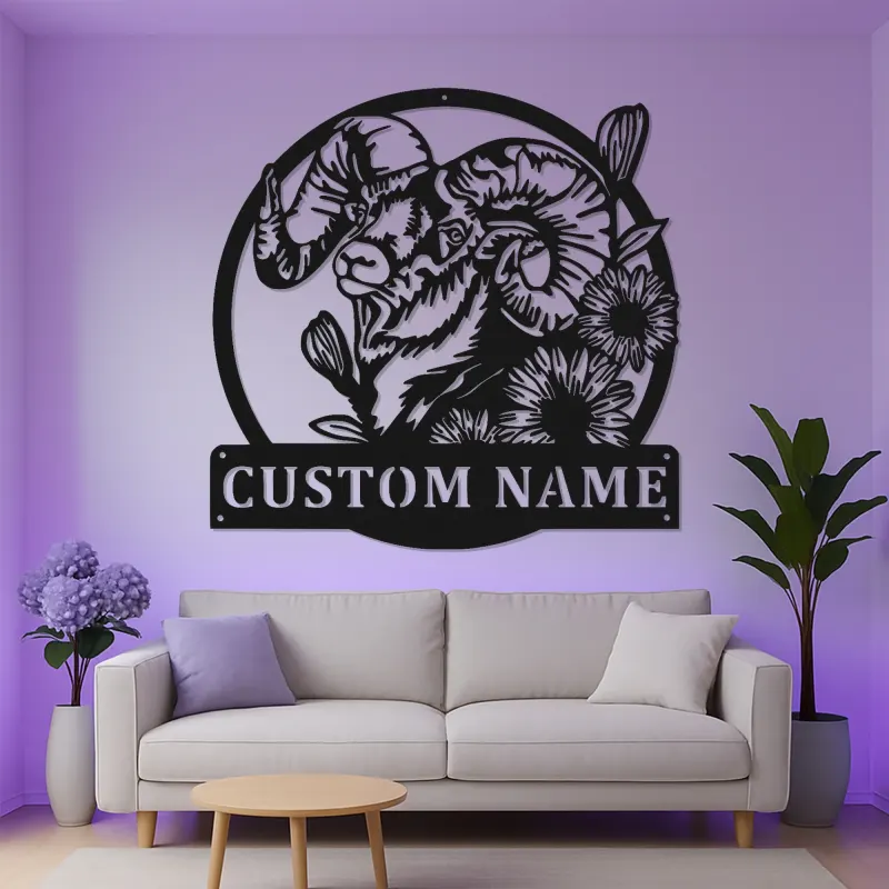 Insegna in metallo personalizzata Pecora Bighorn | Arte murale fauna selvatica con luce LED | Decorazione per chalet rustico e insegna personalizzata per lodge
