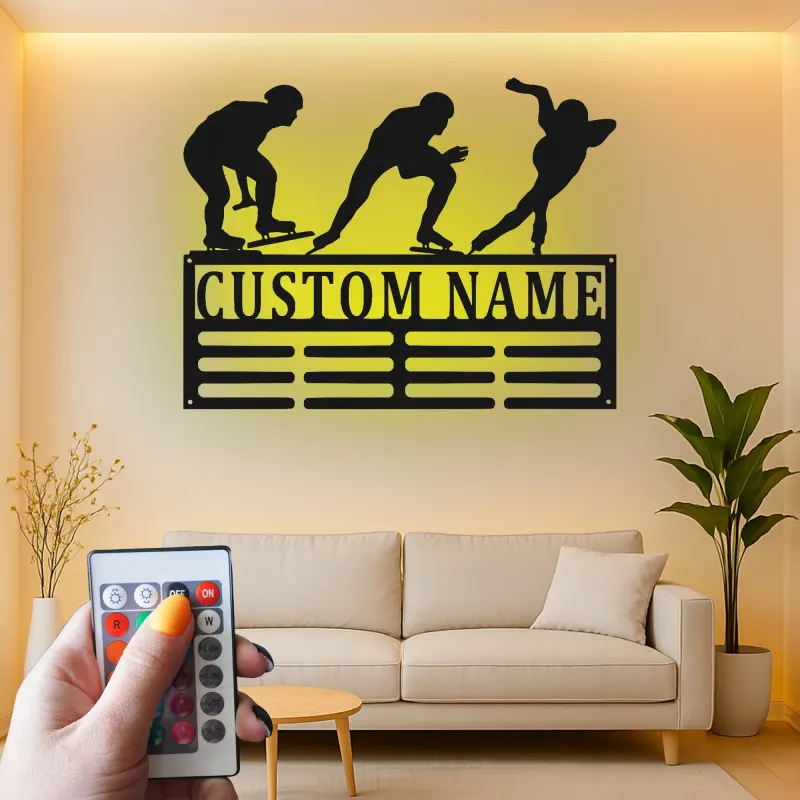 Individuelle LED Metall-Wandkunst für Eisschnelllauf | Personalisierte Silhouette eines Eiskunstläufers & Medaillenhalter | Geschenk für Sportler