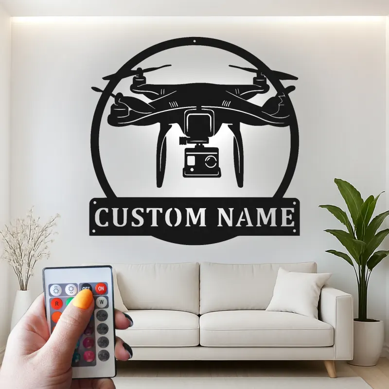 Personalisierte LED-Metall-Wandkunst mit Drohnenmotiv – Geschenk für Drohnenfans, Büro- oder Studio-Deko 1