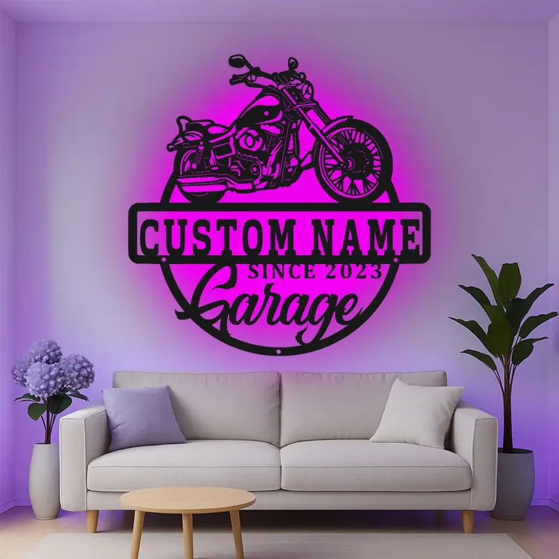 Décoration murale en métal LED personnalisée pour garage de moto - Cadeau personnalisé pour motards, décoration de man cave ou de garage