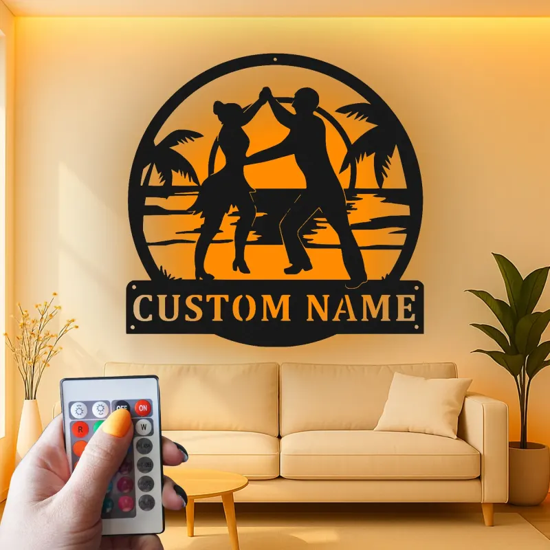 Cartel de metal personalizado con pareja de baile y luz LED, regalo personalizado para bailarines, decoración para salón o playa