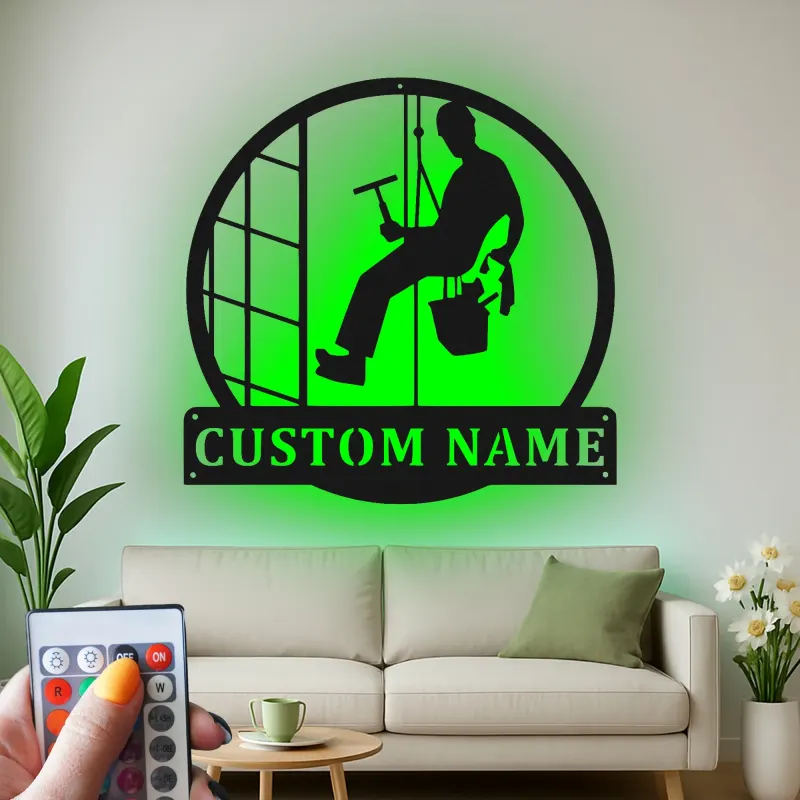 Décoration murale en métal personnalisée pour nettoyeurs de vitres avec rétroéclairage LED - Cadeau unique pour nettoyeurs - Décor mural de bureau