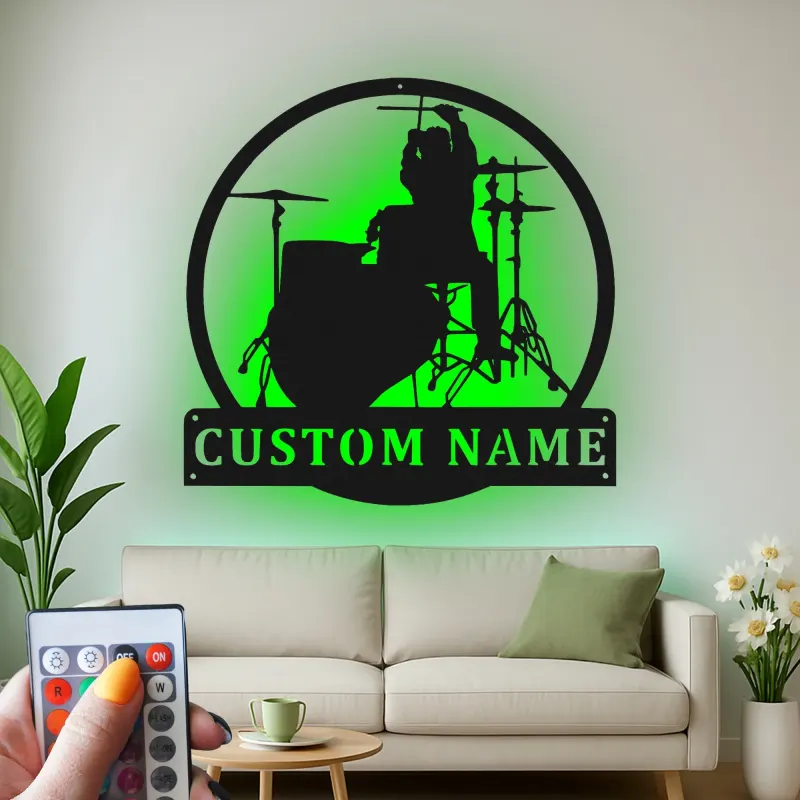 Insegna in metallo LED personalizzata con silhouette di batterista - Regalo per amanti della musica, decorazione per studio musicale o camera da letto