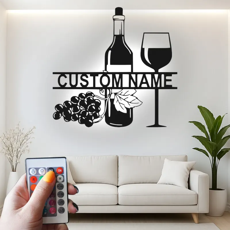 Personalisierte LED-beleuchtete Metall-Wandkunst mit Weinflasche und Glas – Geschenk für Weinliebhaber für Küche oder Bar