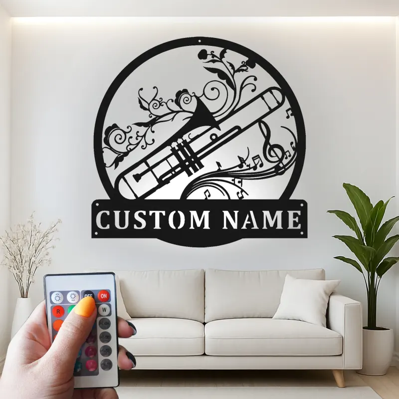 Cartel de metal LED personalizado de trombón, regalo para músicos, decoración de sala de música para amantes de la música