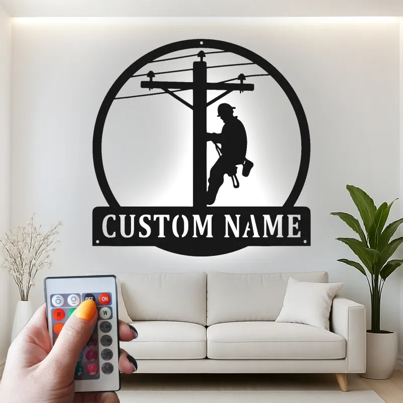 Arte da Parete in Metallo LED per Lineman | Insegna Personalizzata per Lavoratore di Pubblica Utilità | Regalo Personalizzato per Elettricista per Garage | Decorazione per Man Cave