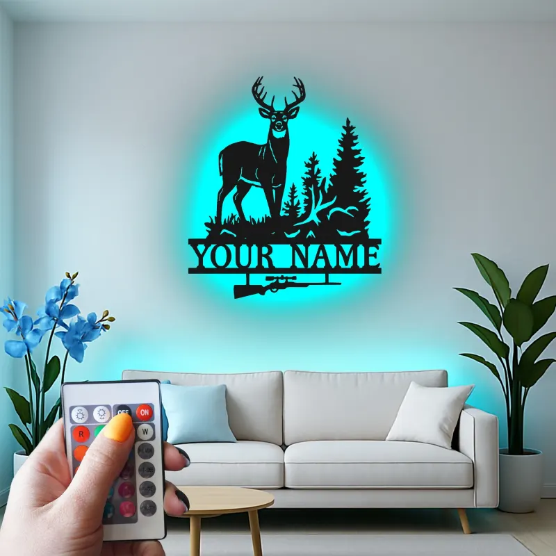 Insegna in metallo personalizzata per cacciatori di cervi con luce LED regalo personalizzato per cacciatori decorazione rustica per cabine 3