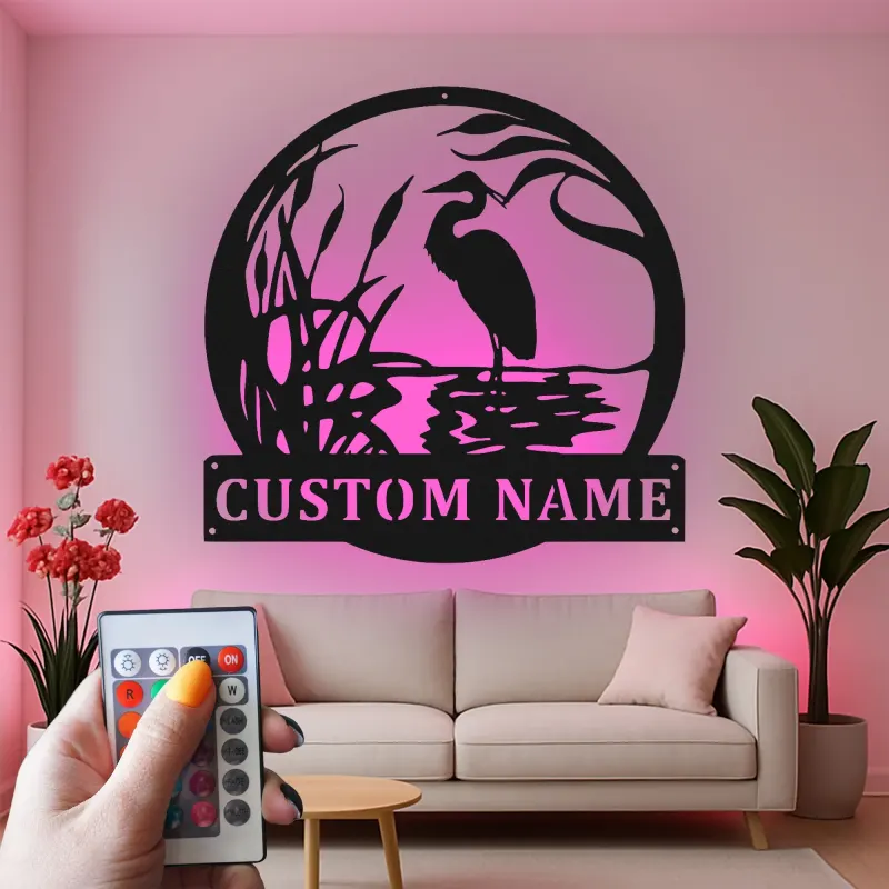 Panneau mural en métal personnalisé héron avec LED | Décoration murale personnalisée pour maison de lac | Cadeau pour amoureux de la nature | Déco oiseau
