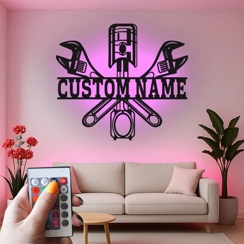 Custom LED Mechanic Sign | Metal Piston & Wrenches Wall Art | Personalized Garage Decor | Auto Shop Lighted Gift