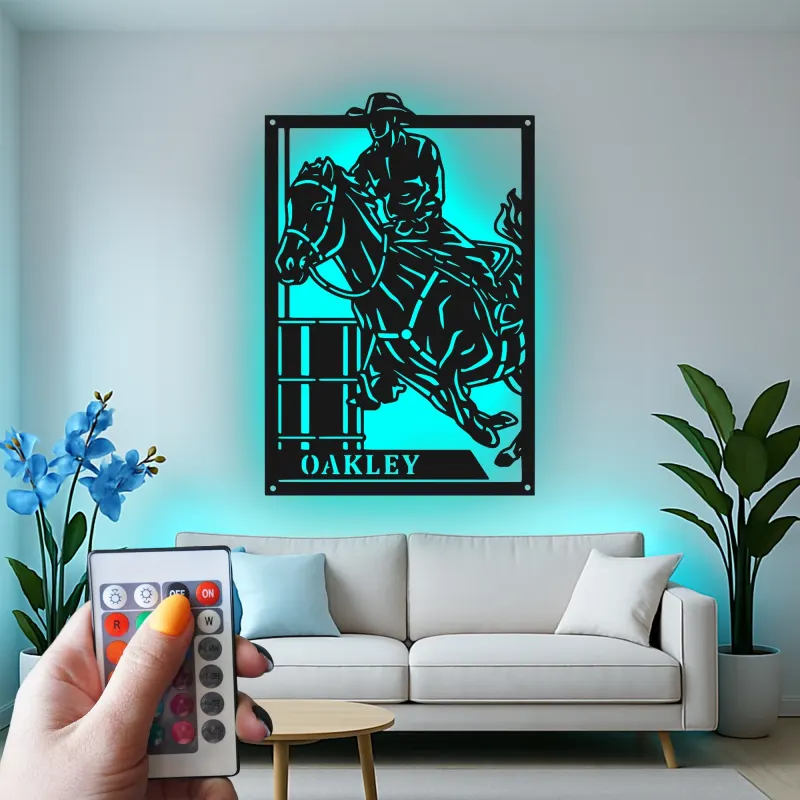 Décoration murale en métal personnalisée avec rétroéclairage LED de cavalier de baril - Cadeau équestre pour les amoureux des chevaux - Décor western pour le salon